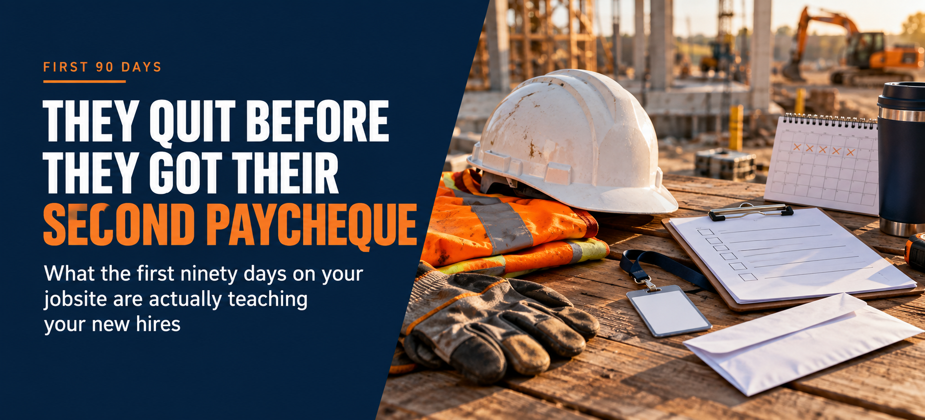 First 90 Days: They Quit Before They Got Their Second Paycheque, beside a hard hat, safety vest, and new-hire checklist on a construction site