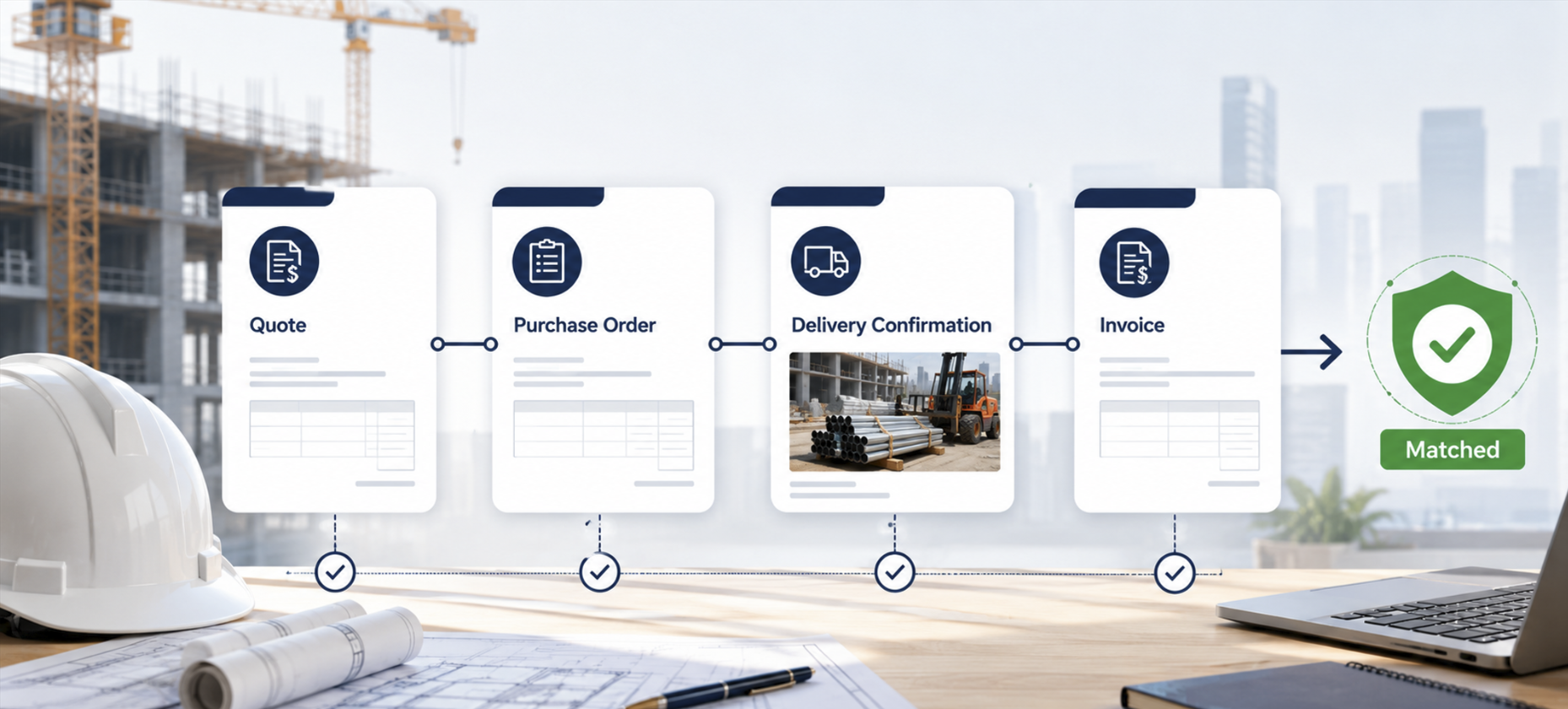 Four-way match connecting a quote, purchase order, delivery confirmation, and invoice to a matched result
