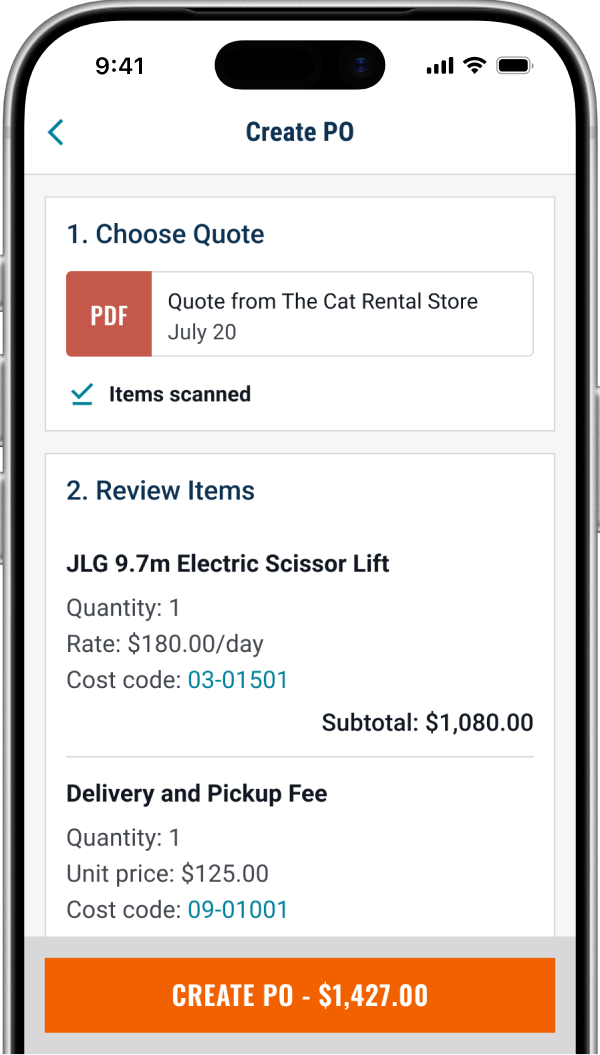 QuoteToMe mobile Create PO