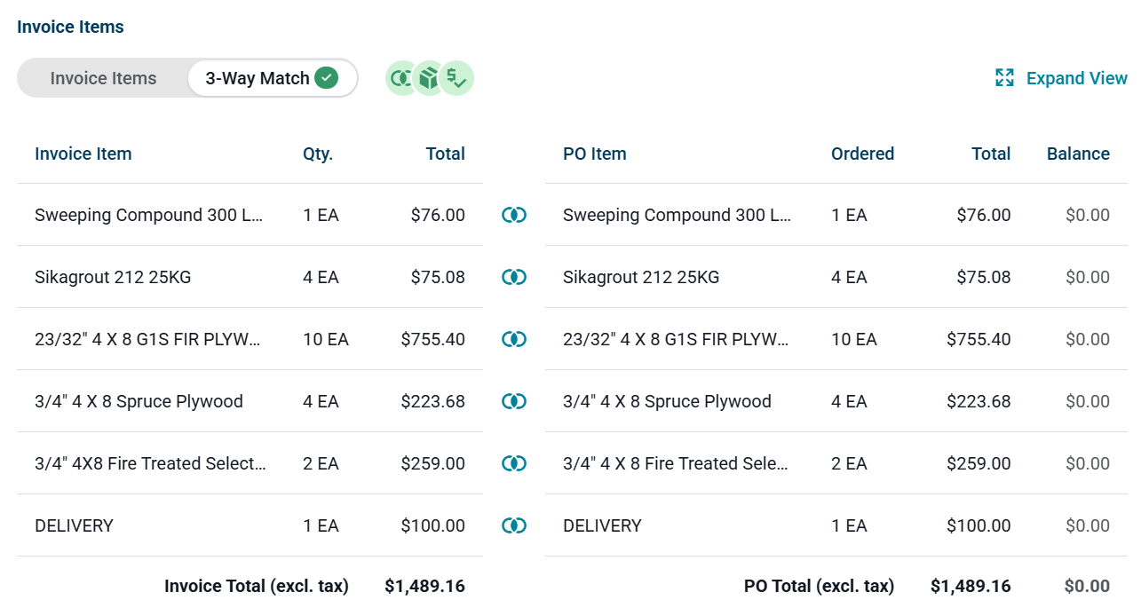 QuoteToMe invoice items three-way match against purchase order items