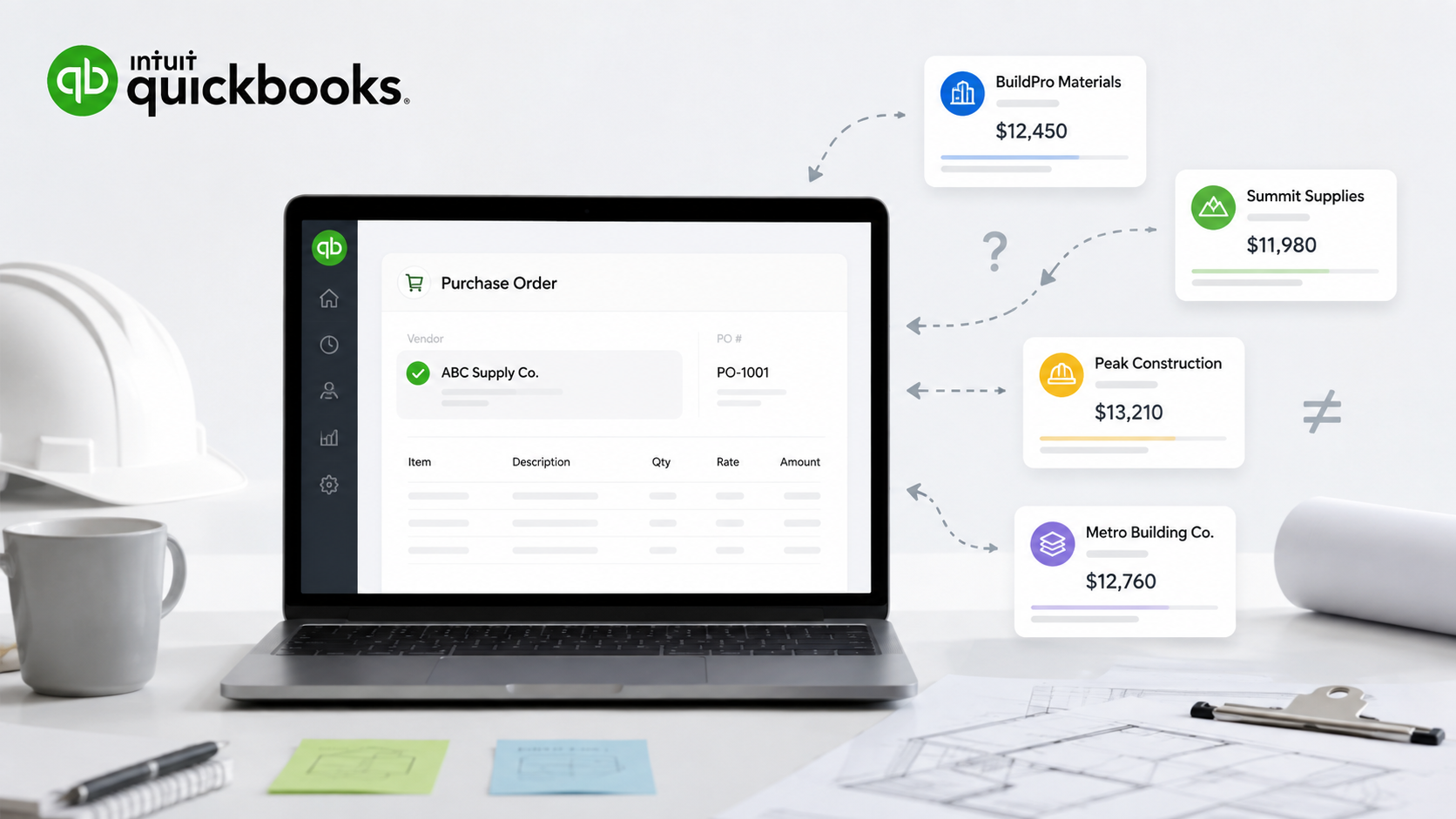 QuickBooks purchase order screen surrounded by supplier quote cards from BuildPro Materials, Summit Supplies, Peak Construction, and Metro Building Co.