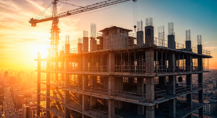 High-rise under construction at sunset