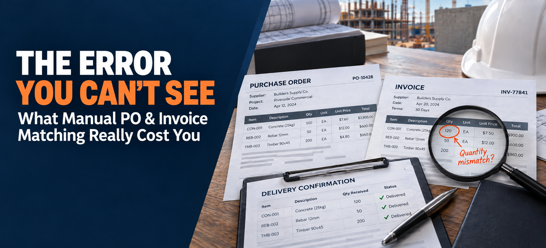 A purchase order, a delivery slip, and a vendor invoice laid side by side with mismatched quantities and prices circled, showing where manual three way matching breaks down